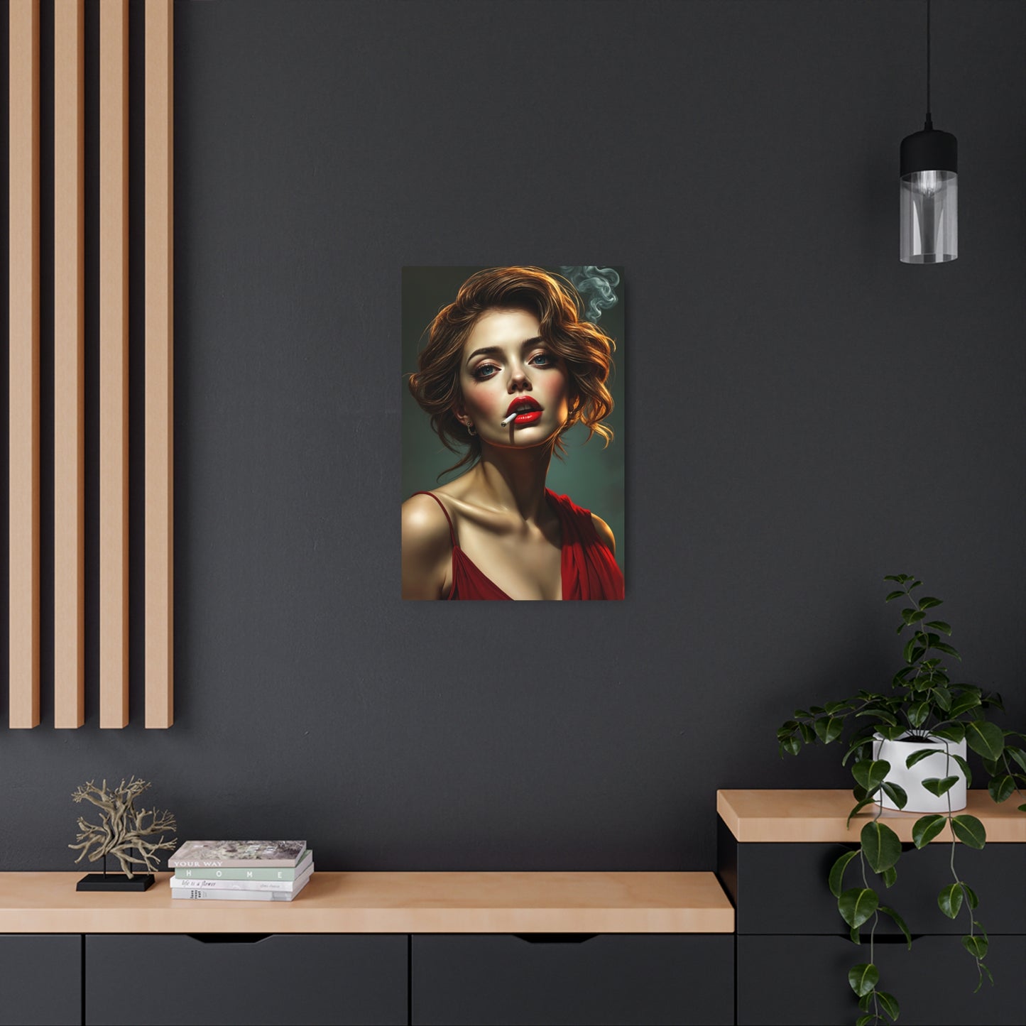 Captivating Portrait of a Glamorous Woman in Red - Artistic Masterpiece Metal Art Sign