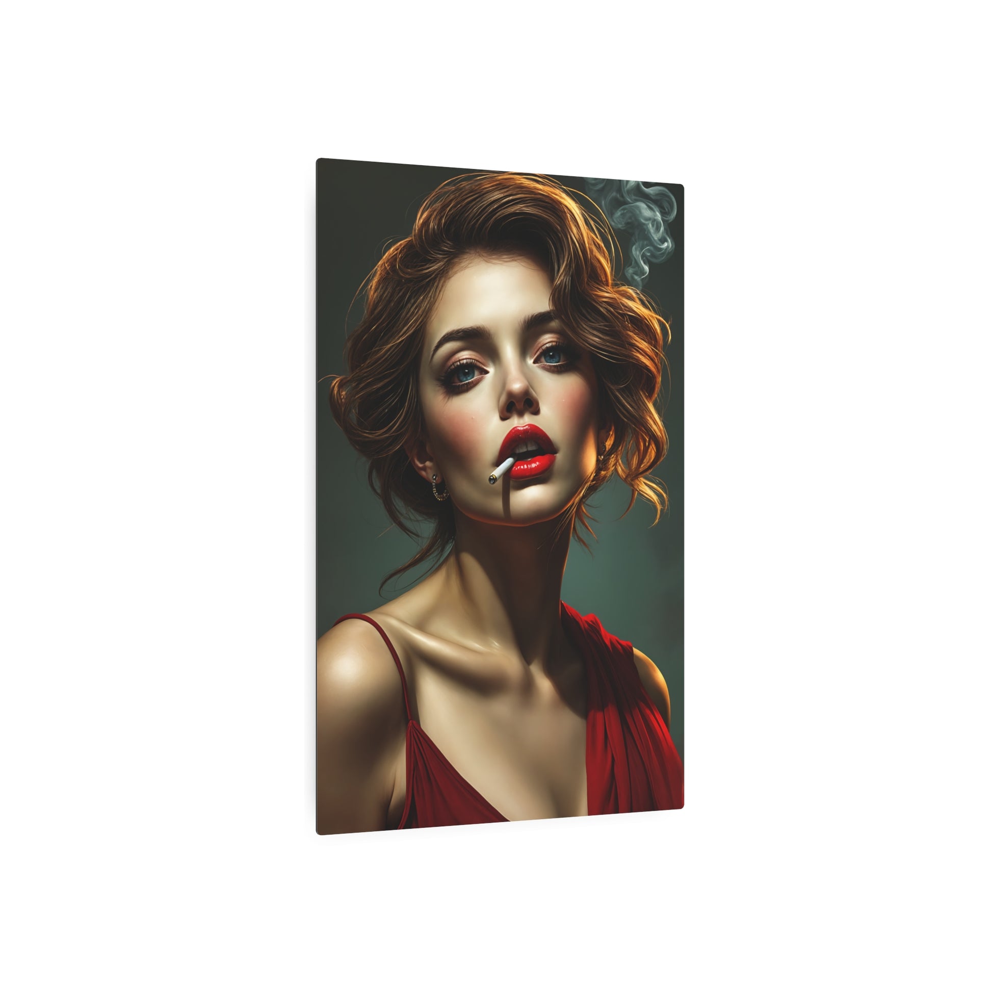 Captivating Portrait of a Glamorous Woman in Red - Artistic Masterpiece Metal Art Sign