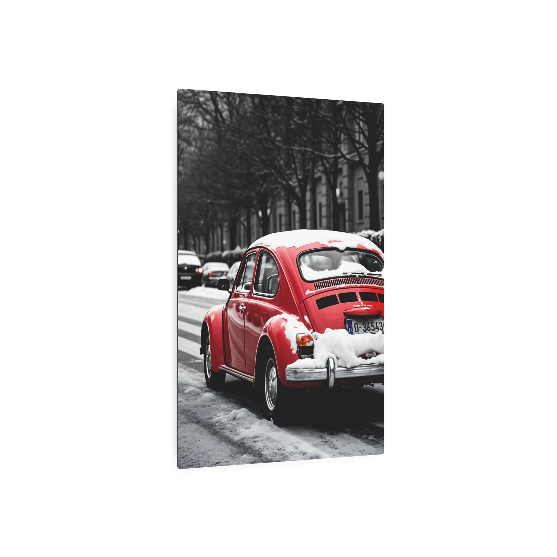 Vintage Red Beetle in Winter Wonderland – Metal Sign Artwork