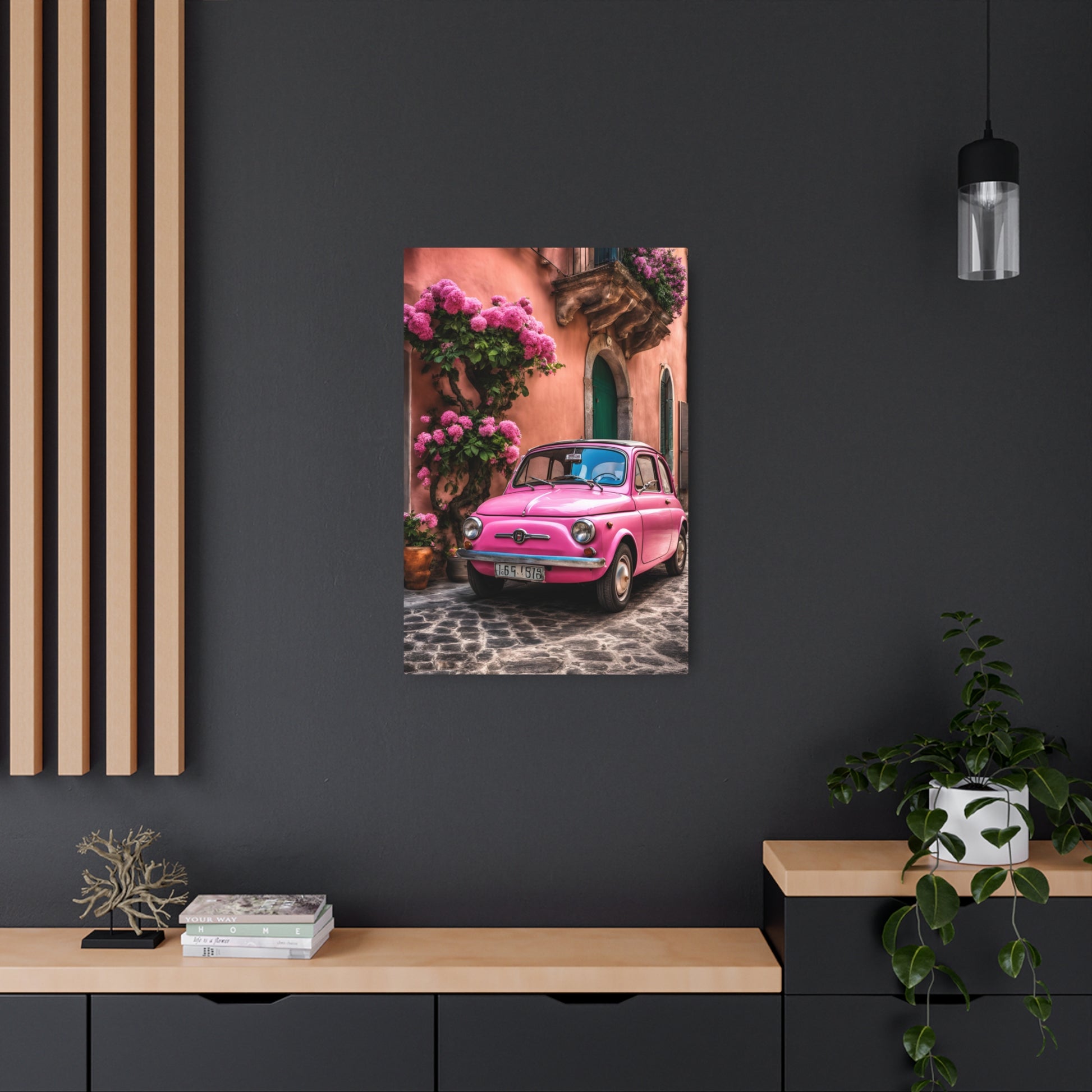 vintage pink fiat on Italian street printable, Italian seaside village Metal Art Sign