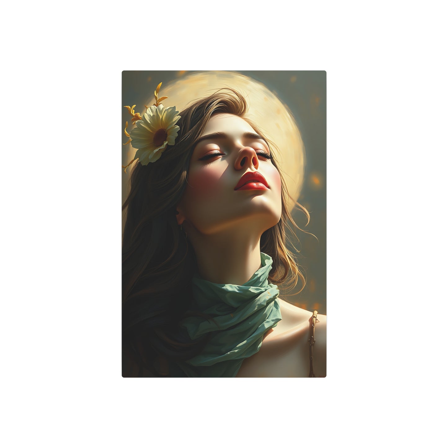 Ethereal Beauty: Metal Printed Art Sign Featuring a Serene Woman