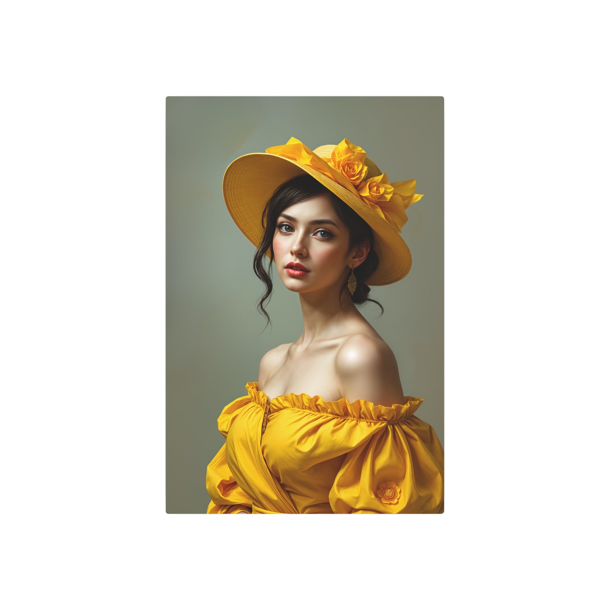 Elegant Yellow Hat Woman Metal Sign Artwork