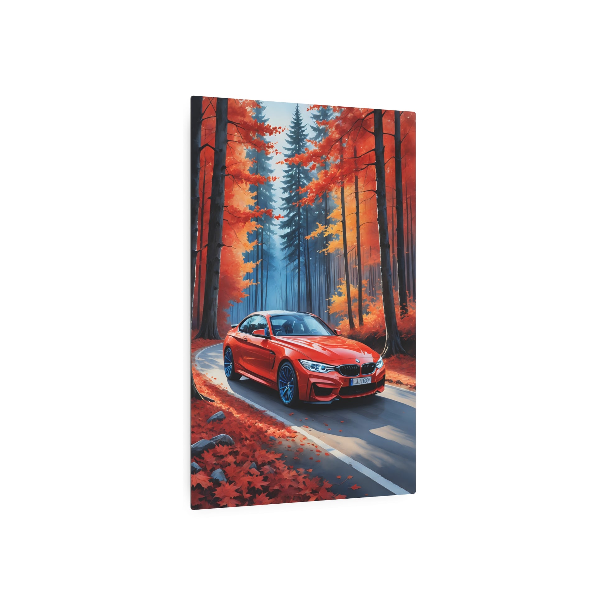 Crimson Ride Through Autumn's Embrace Metal Art Sign