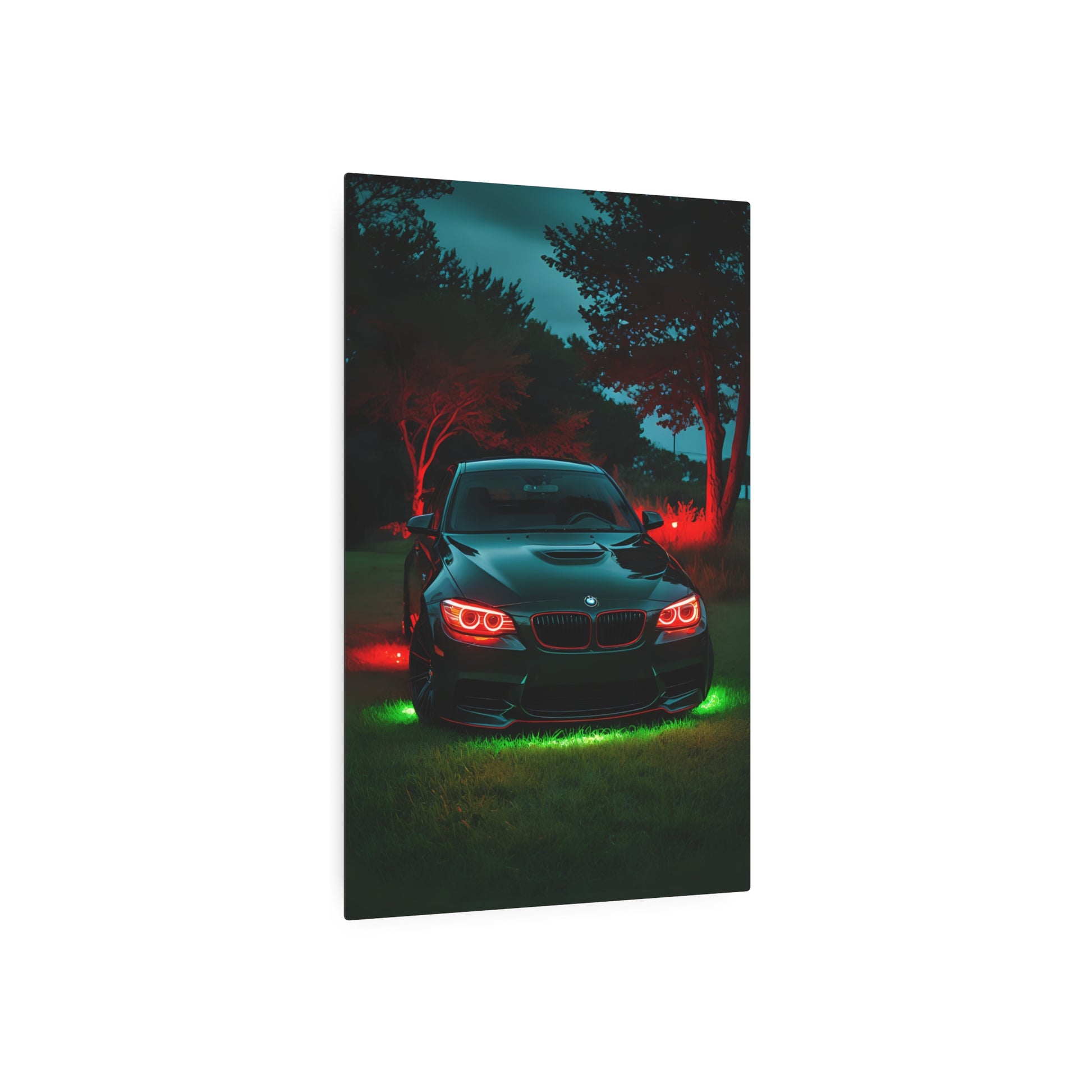 Twilight Elegance: BMW in Neon Glow Metal Art Sign