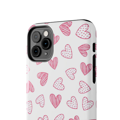 Cute seamless pattern with pink doodle hearts. Tough Phone Cases