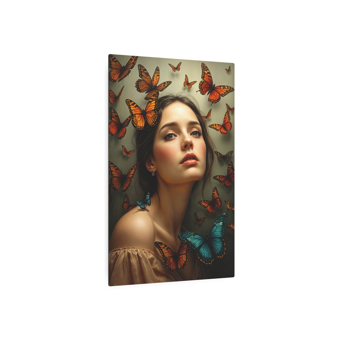 Enchanting Woman Surrounded by Butterflies – Exquisite Artwork for Nature Lovers Metal Art Sign