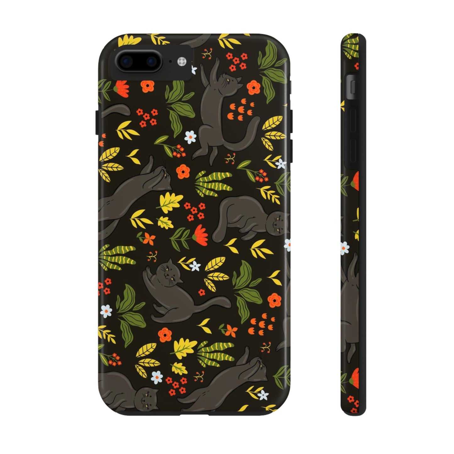 Seamless pattern with black cute cats and flowers Tough Phone Cases iPhone 7 Plus, iPhone 8 Plus