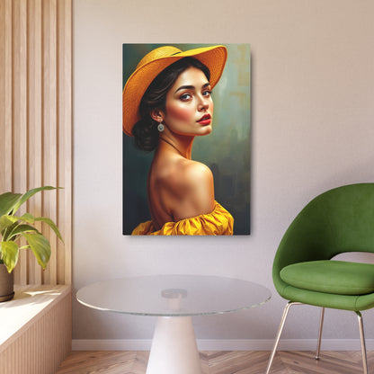 Radiant Beauty Metal Sign Artwork - Elegant Woman in Yellow Hat