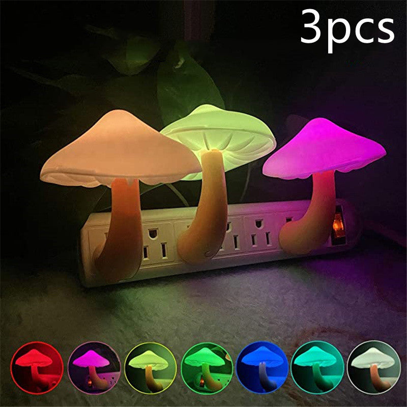 LED Night Light Mushroom Wall Socket Lamp EU US Plug Warm White Light-control Sensor Bedroom Light Home Decoration Mushroom US Colorful 3pcs