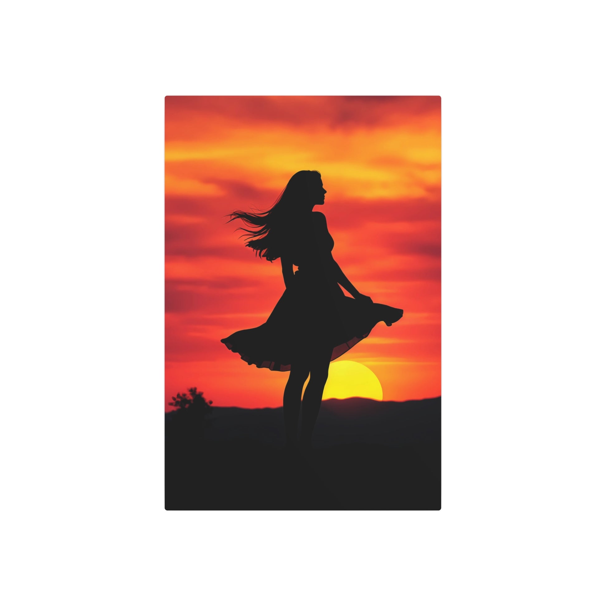 Silhouette of Serenity: Woman Against a Stunning Sunset Metal Art Sign