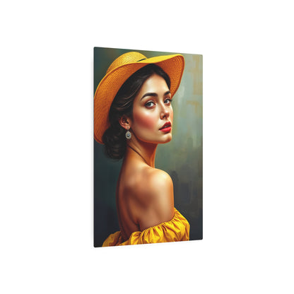 Radiant Beauty Metal Sign Artwork - Elegant Woman in Yellow Hat