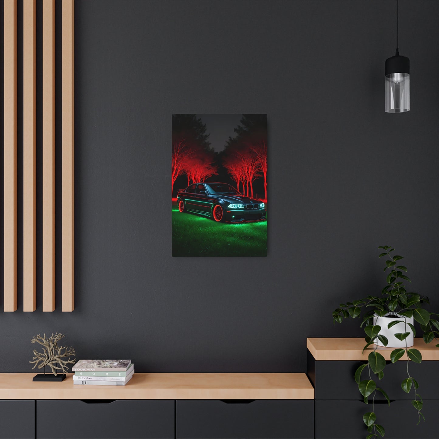 Illuminated Elegance: BMW in Red and Green Metal Art Sign