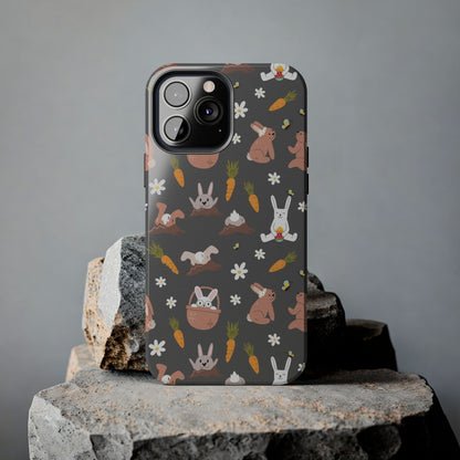 Funny easter rabbits pattern on grey background Tough Phone Cases