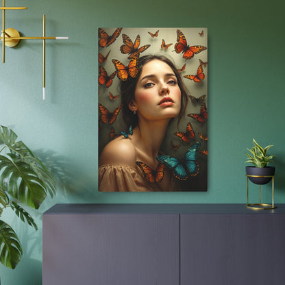 Enchanting Woman Surrounded by Butterflies – Exquisite Artwork for Nature Lovers Metal Art Sign 24" x 36" (Vertical) 0.12''