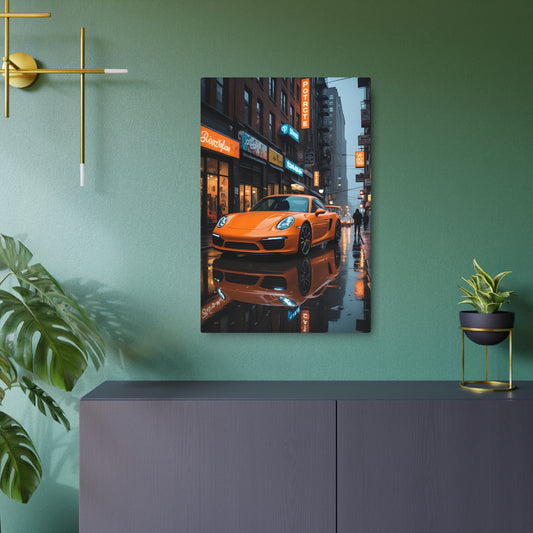 Orange Sports Car in Rainy Urban Street Scene Metal Art Sign 20″ x 30″ (Vertical) 0.12''