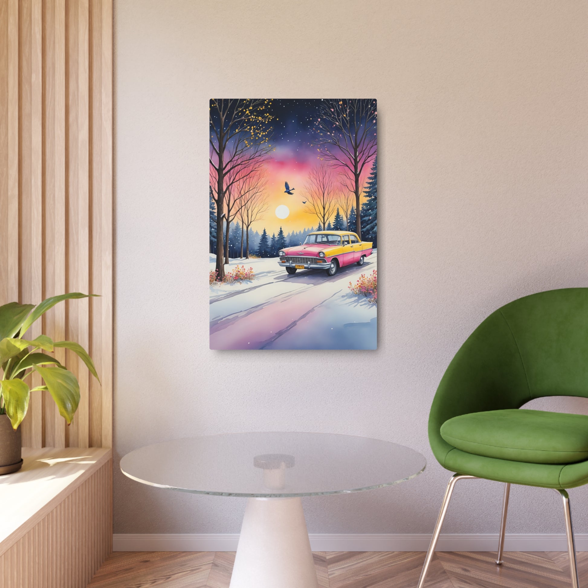 Winter's Tranquil Drive: A Journey Through Pastel Twilight Metal Art Sign