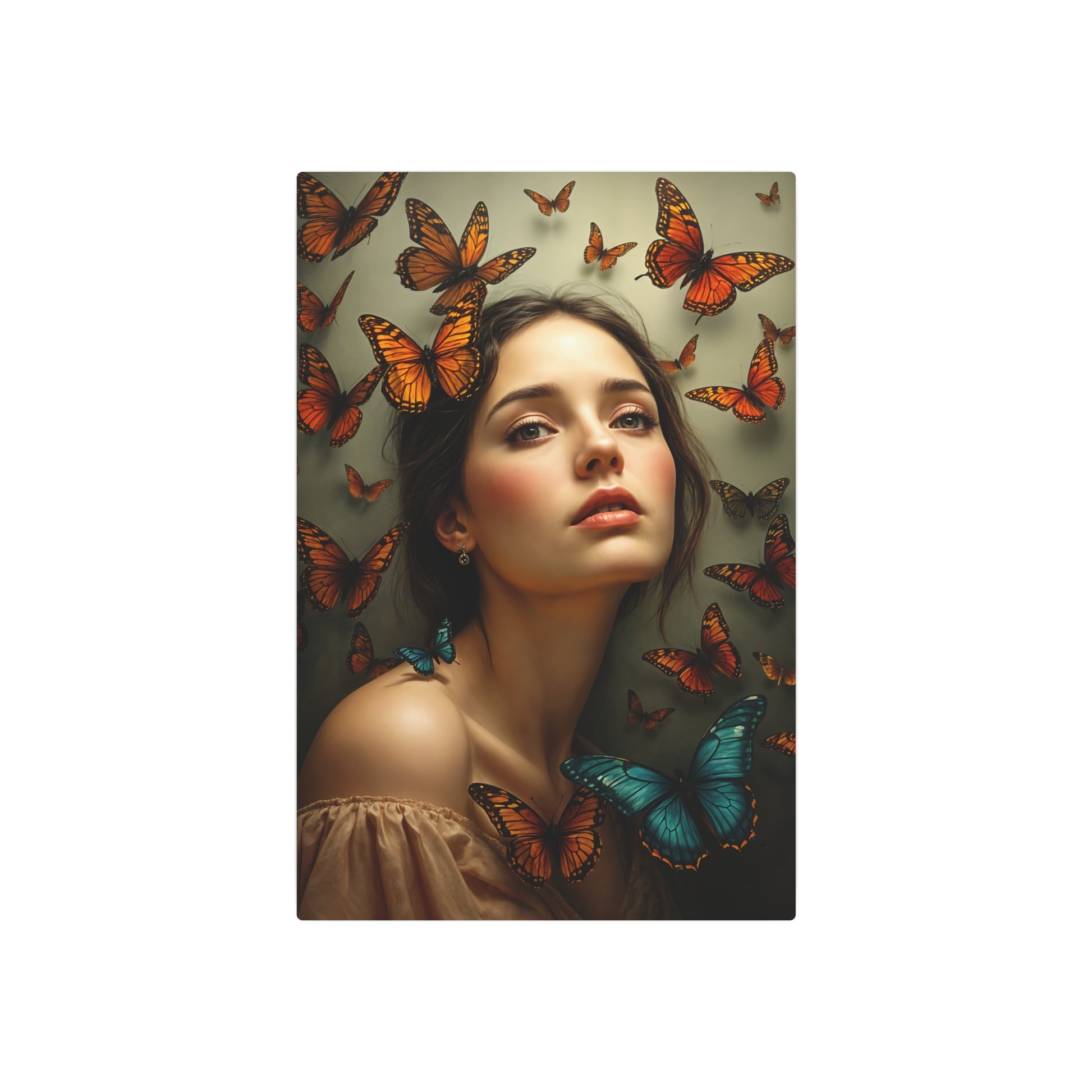 Enchanting Woman Surrounded by Butterflies – Exquisite Artwork for Nature Lovers Metal Art Sign