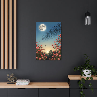 Lunar Flight: A Symphony of Birds and Roses Under the Moonlight Metal Art Sign