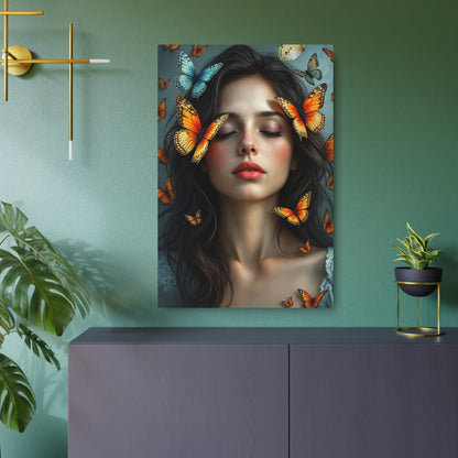 Ethereal Beauty: Woman Surrounded by Colorful Butterflies | Stunning Artwork Metal Art Sign 24" x 36" (Vertical) 0.12''