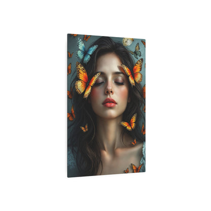 Ethereal Beauty: Woman Surrounded by Colorful Butterflies | Stunning Artwork Metal Art Sign