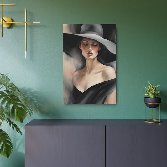 Elegant Modern Portrait Art: Woman with Hat – Timeless Beauty in Oil Painting Metal Art Sign 20″ x 30″ (Vertical) 0.12''