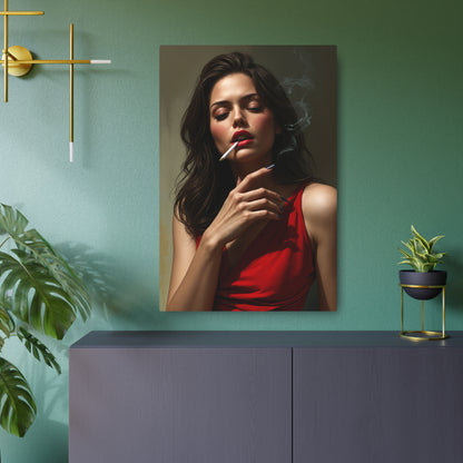 Stunning Portrait of Elegance: Woman in Red with Cigarette Smoke Metal Art Sign 24" x 36" (Vertical) 0.12''