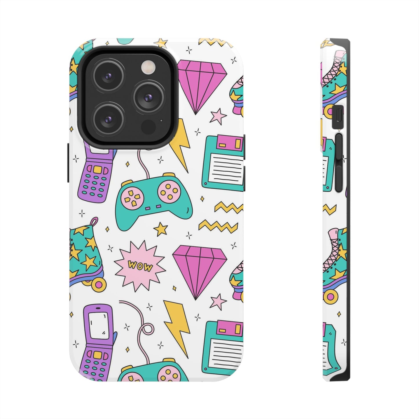 Bright seamless pattern with items from the nineties Tough Phone Cases iPhone 14 Pro