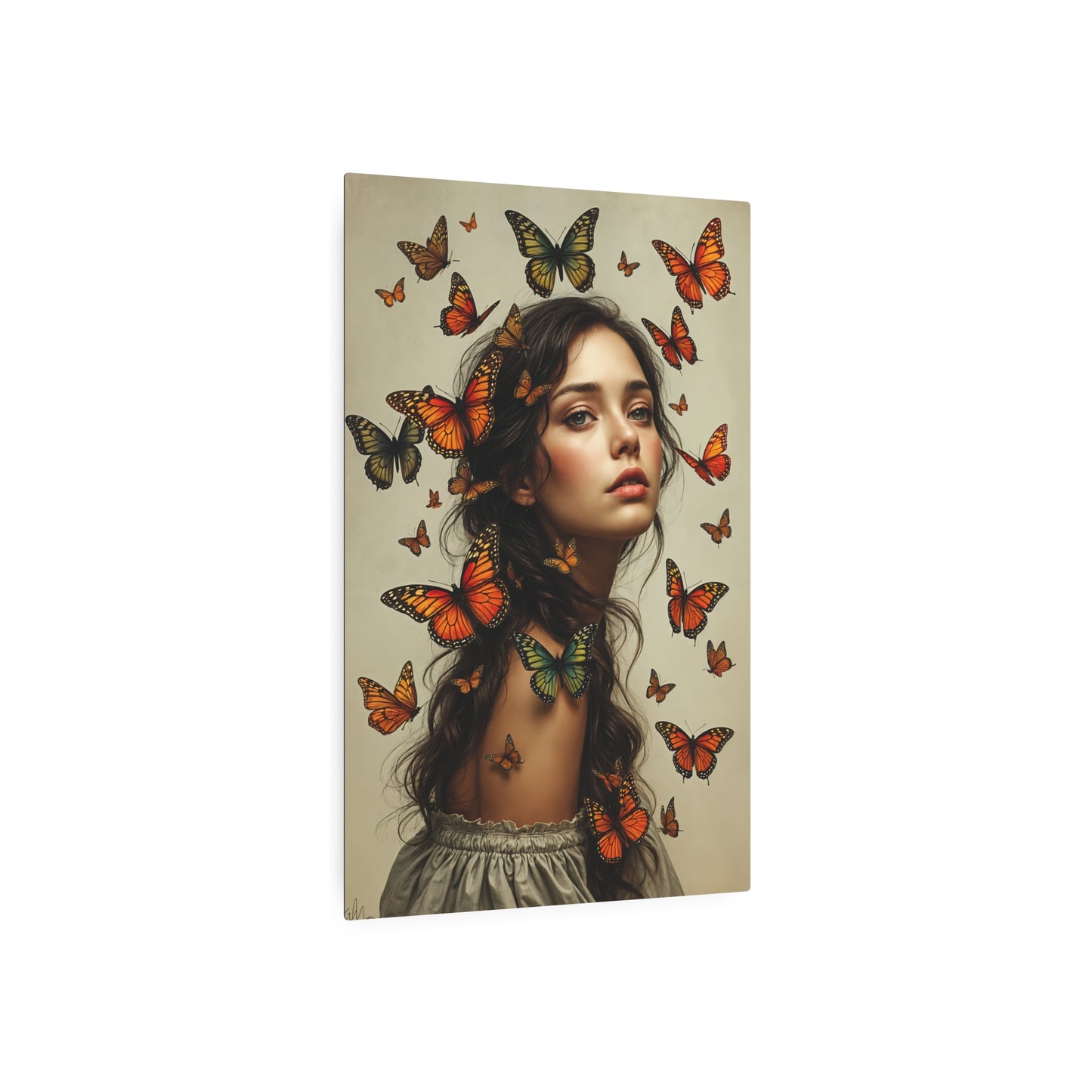 Enchanting Butterfly Fantasy Artwork | Transformative Portrait with Monarch Butterflies Metal Art Sign