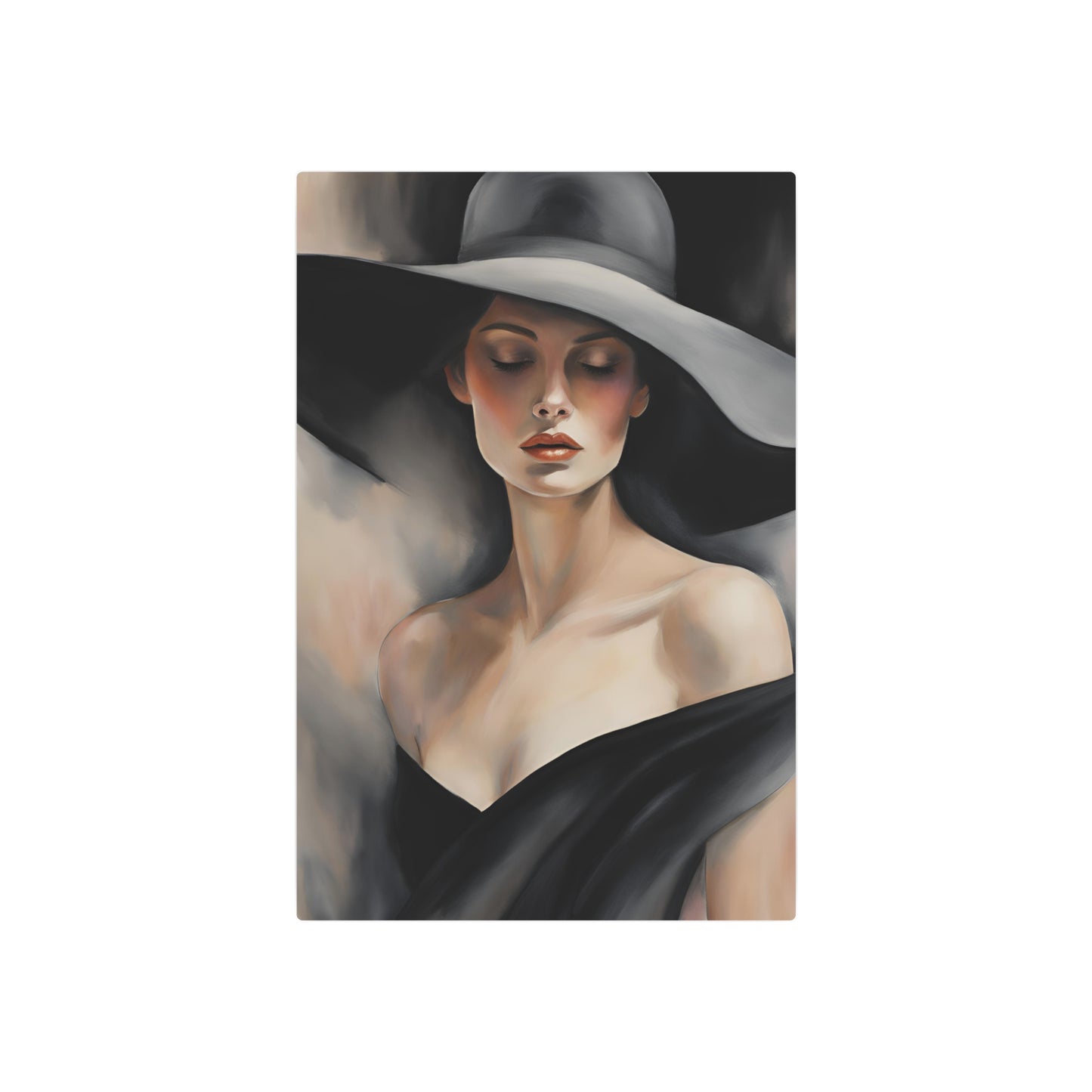 Elegant Modern Portrait Art: Woman with Hat – Timeless Beauty in Oil Painting Metal Art Sign