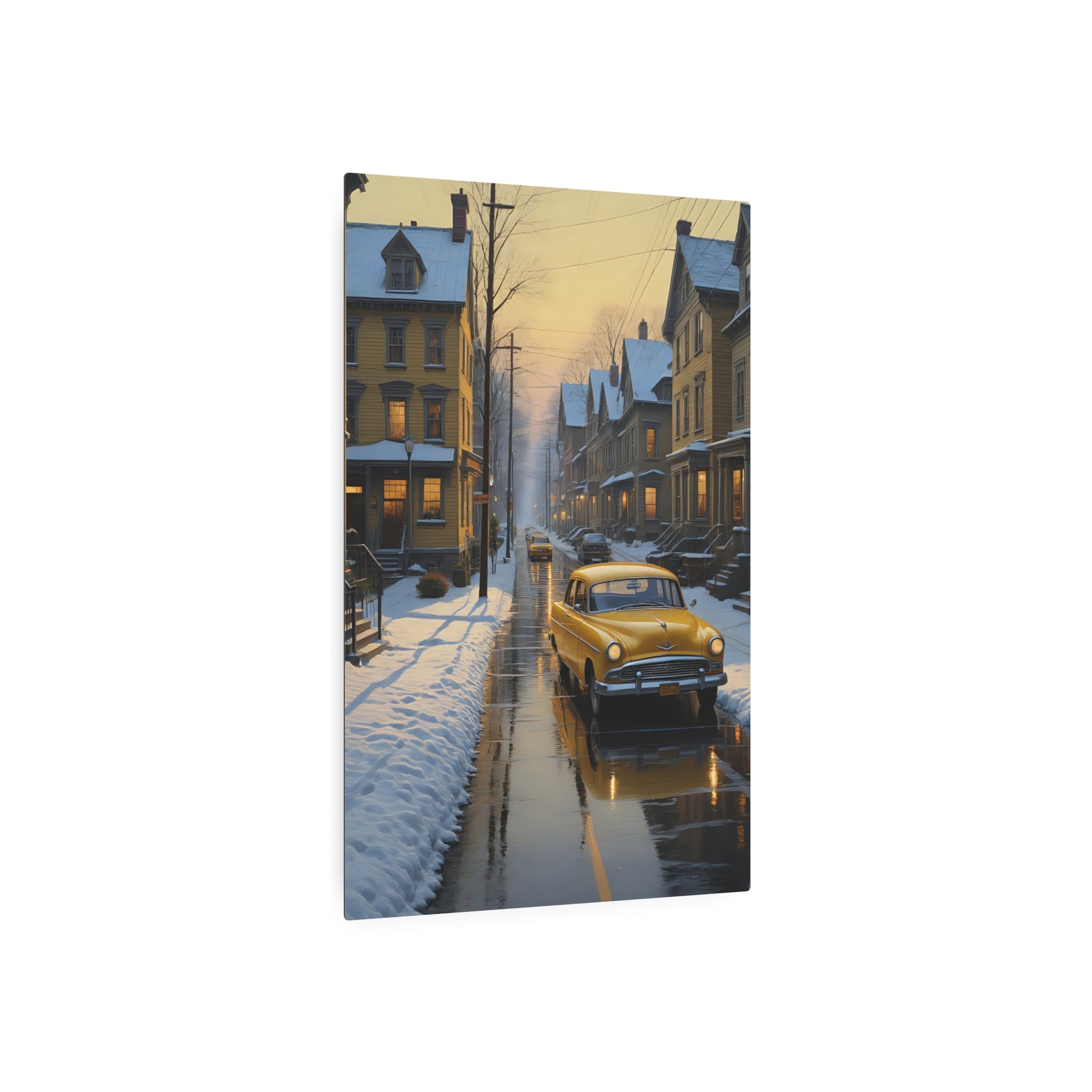 Golden Hour Glow: A Winter's Journey Through a Quiet Town Metal Art Sign