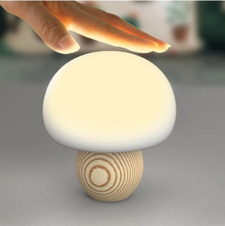 Silicone LED Night Lamp Brightness Adjustable Mushroom Pat Switch Wooden Base Timing LED Night Light For Children's Gift White