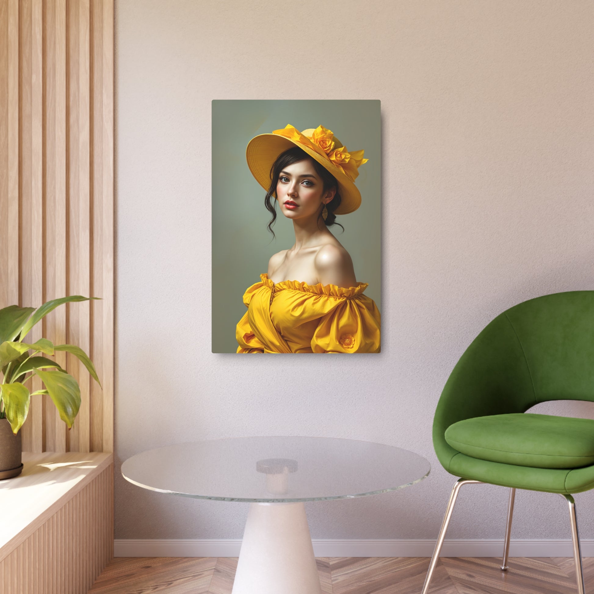 Elegant Yellow Hat Woman Metal Sign Artwork