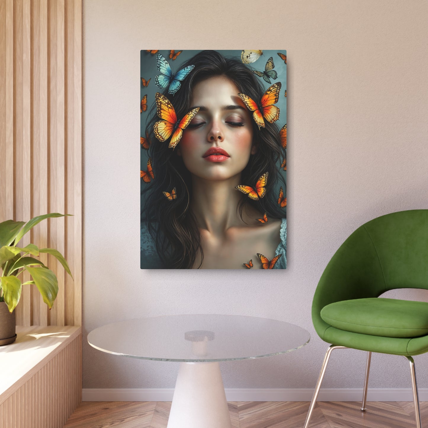 Ethereal Beauty: Woman Surrounded by Colorful Butterflies | Stunning Artwork Metal Art Sign