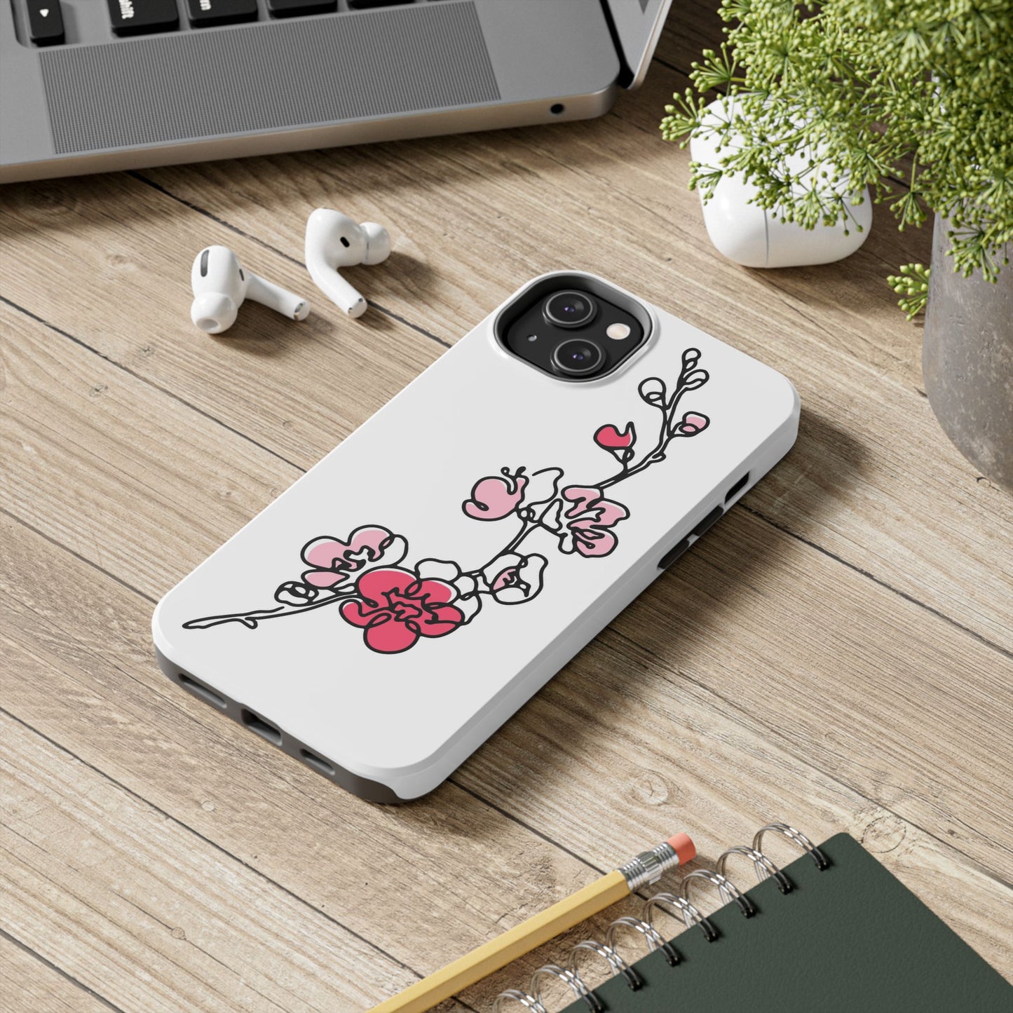 Cherry blossom single line art with abstract pink Tough Phone Cases