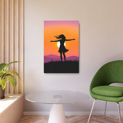 Embracing Freedom: Silhouette of a Woman at Sunset Metal Art Sign