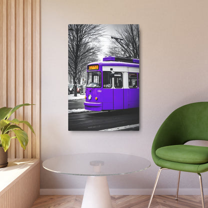 Vibrant Purple Tram Metal Sign Artwork – Urban Transportation Decor