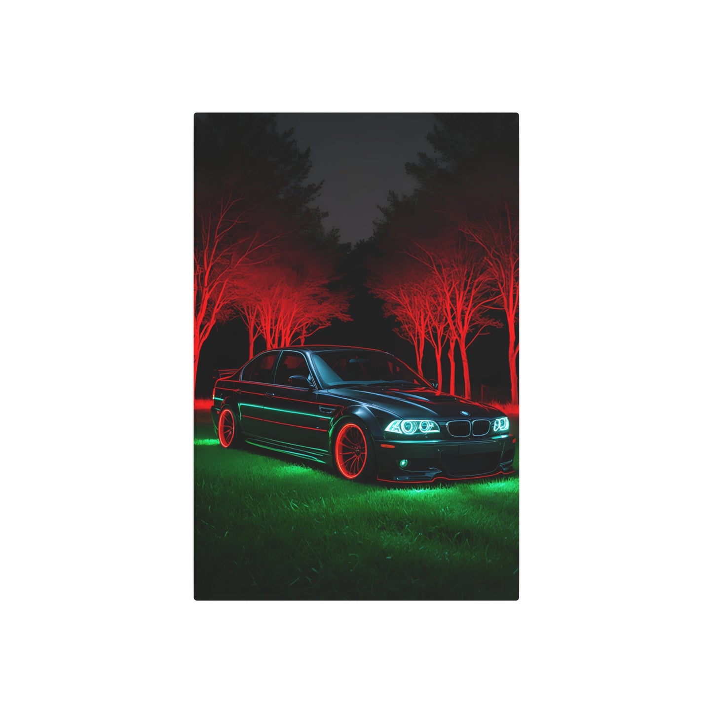 Illuminated Elegance: BMW in Red and Green Metal Art Sign