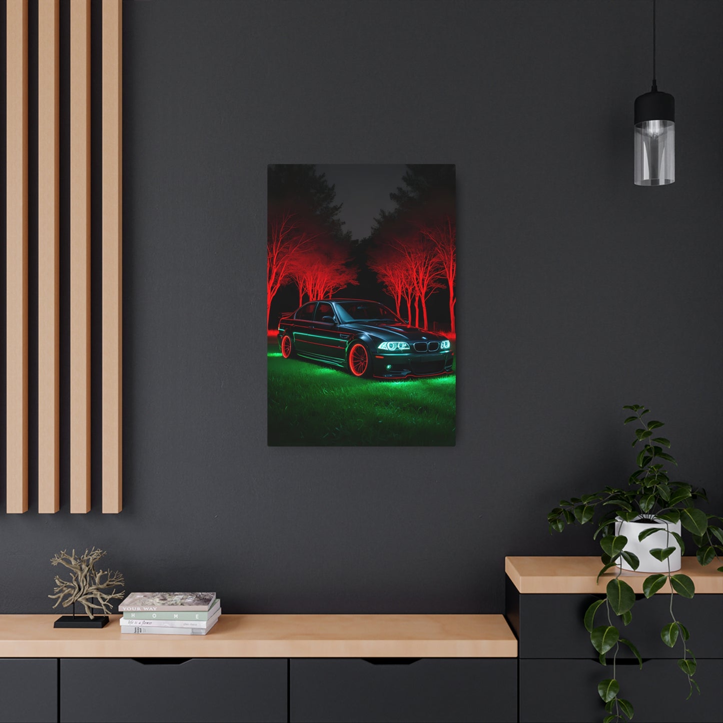 Illuminated Elegance: BMW in Red and Green Metal Art Sign