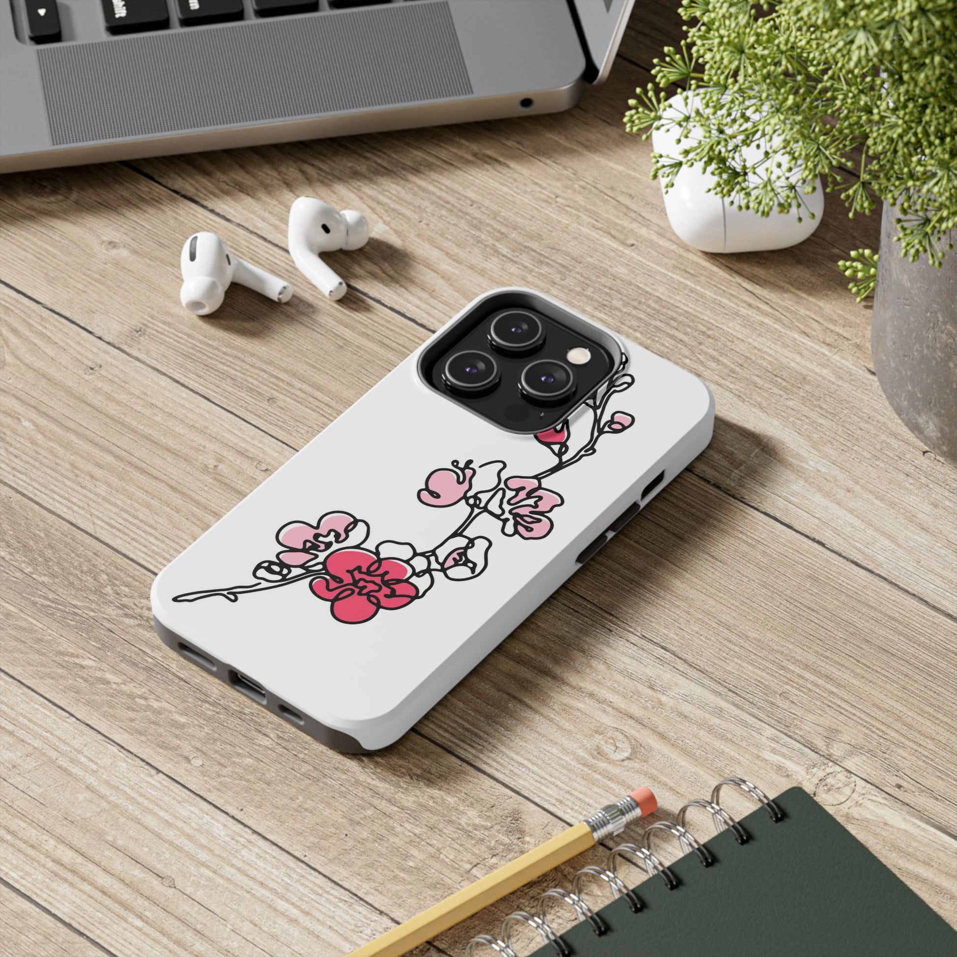 Cherry blossom single line art with abstract pink Tough Phone Cases