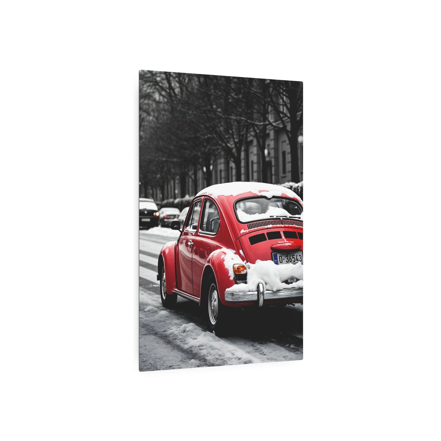 Vintage Red Beetle in Winter Wonderland – Metal Sign Artwork