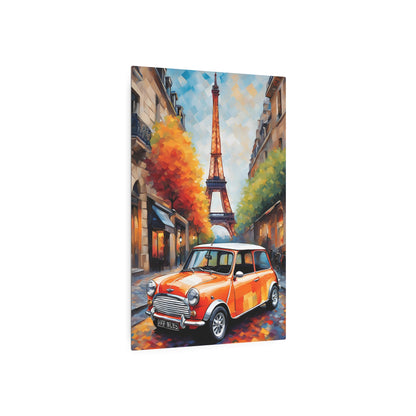 Parisian Charm: Mini Cooper in Autumn Glow Metal Art Sign