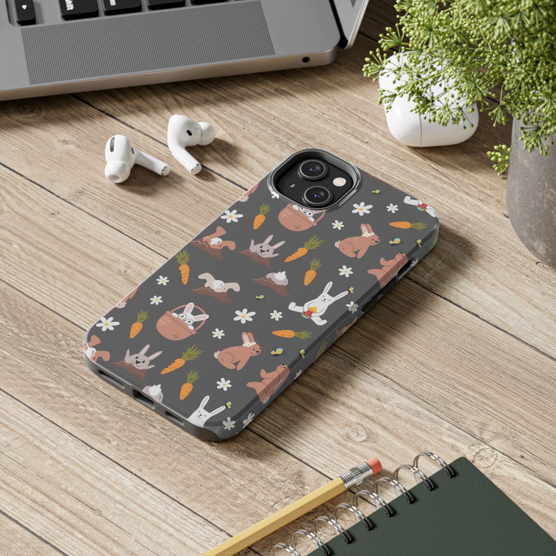 Funny easter rabbits pattern on grey background Tough Phone Cases