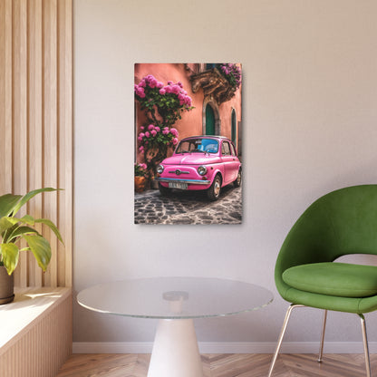 vintage pink fiat on Italian street printable, Italian seaside village Metal Art Sign