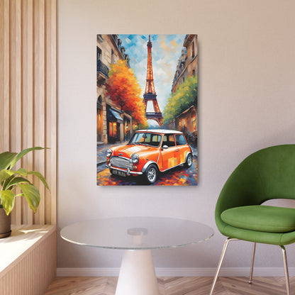 Parisian Charm: Mini Cooper in Autumn Glow Metal Art Sign