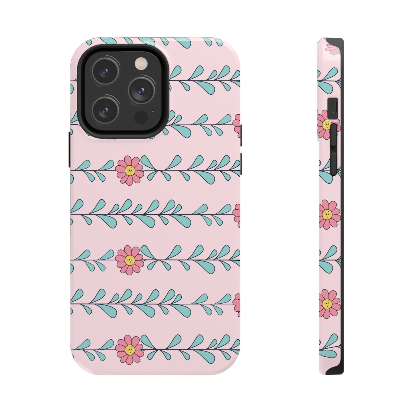 Seamless pattern pink flowers leaves Tough Phone Cases iPhone 14 Pro Max