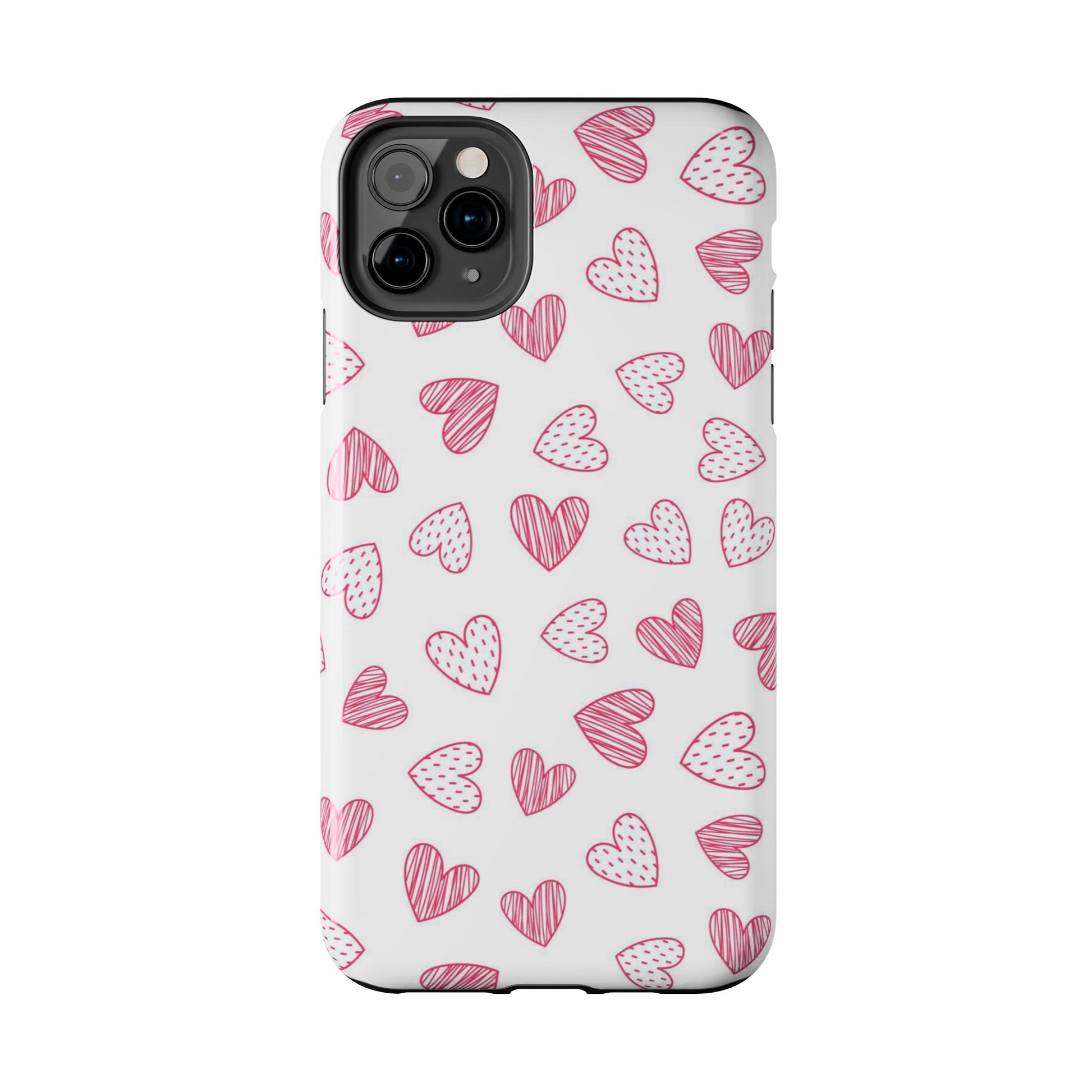 Cute seamless pattern with pink doodle hearts. Tough Phone Cases