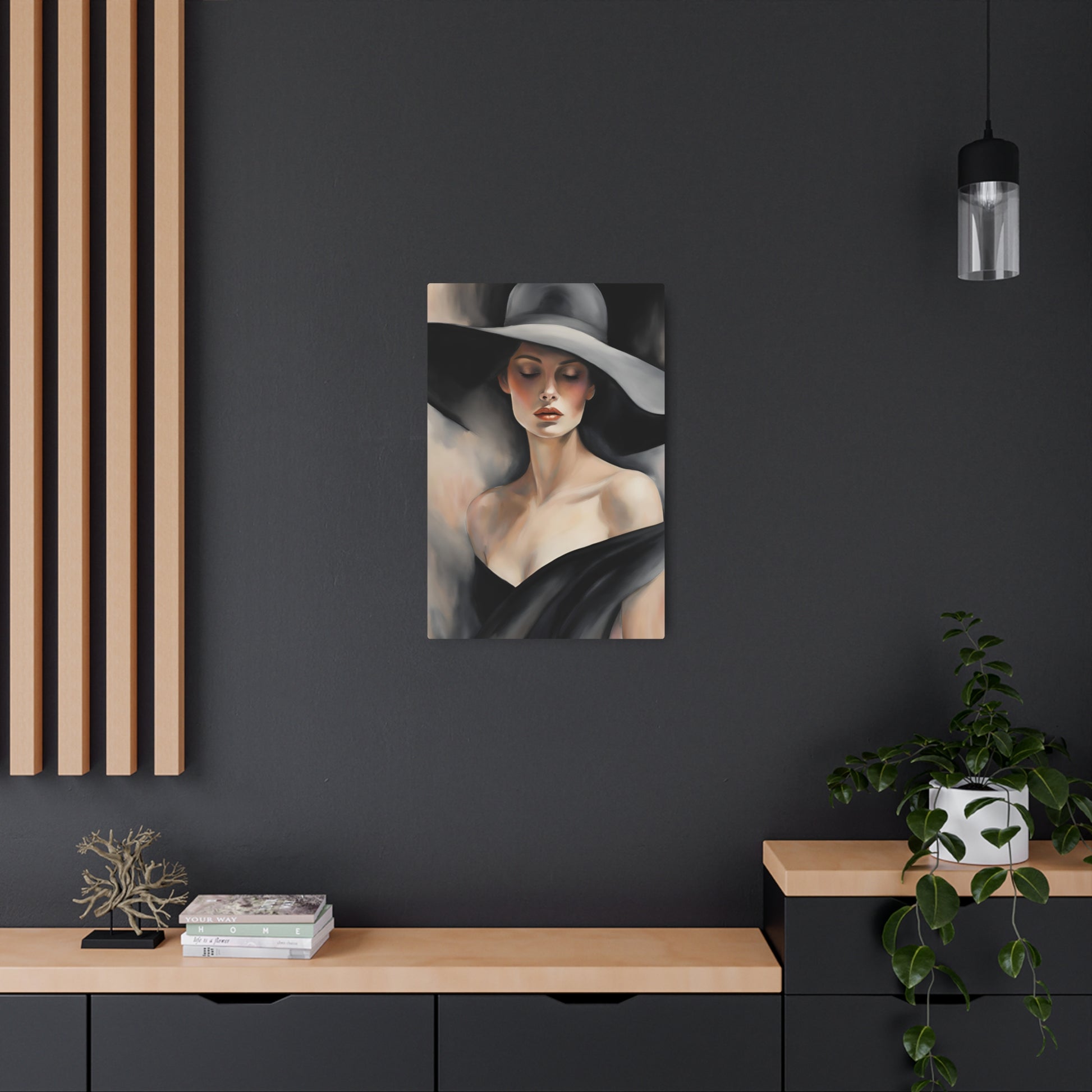 Elegant Modern Portrait Art: Woman with Hat – Timeless Beauty in Oil Painting Metal Art Sign