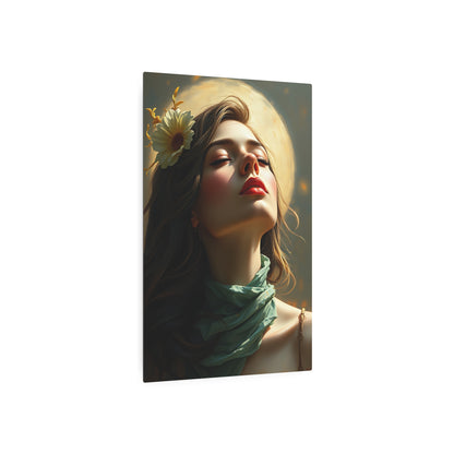 Ethereal Beauty: Metal Printed Art Sign Featuring a Serene Woman