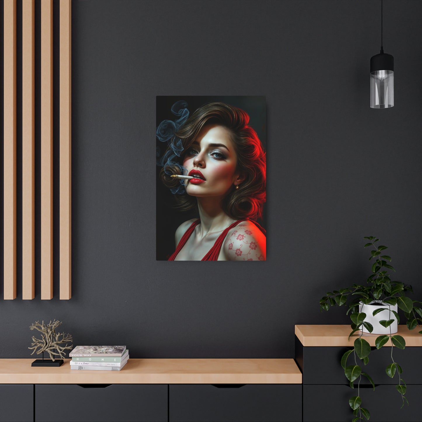 Seductive Portrait of a Glamorous Woman: Vintage Aesthetic with Red Accents Metal Art Sign