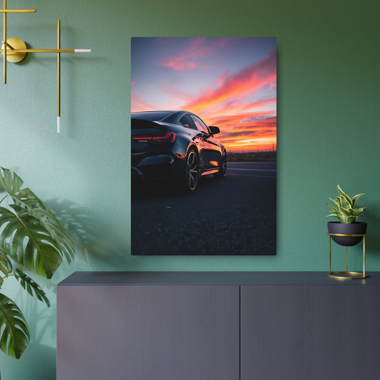 Stunning Metal Sign Featuring a Sleek Sports Car at Sunset - Perfect for Automotive Enthusiasts 24" x 36" (Vertical) 0.12''